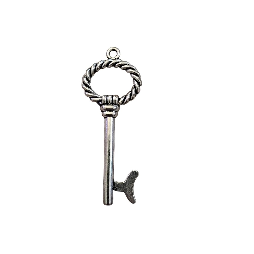 Silver Tone Skeleton Key Pendant Twisted Rope Bow Antique Style Charm